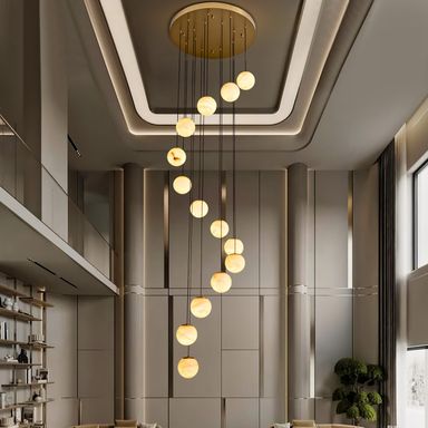 Gold Alabaster Chandelier,14-Lights Staircase Chandelier for Living Room, Modern Marble Pendant Light for Hight Ceiling Foyer Entry