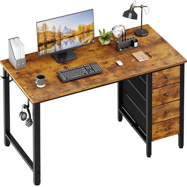 Lufeiya 47 inch Computer Desk with 4 Fabric Drawers, Reversible Writing Work Study Desk for Home Office Bedroom, Modern Simple Student PC Desks, Rustic Brown