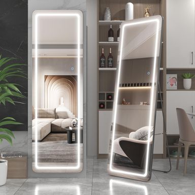 LVZORY 63"x20" Full Length Floor Mirror Dimming Lights Bedroom Tall Full-Size Body Lighted Mirror, Free Standing Wall Mounted Hanging Dressing Touch Control Black(20")