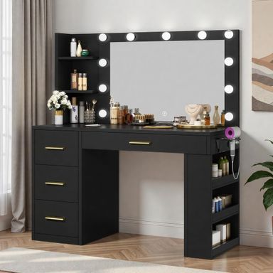 YITAHOME Vanity Desk with Mirror & Lights, Makeup Vanity Table Set with Power Outlet, 4 Drawers, 6 Open Shelves Above and 3 Adjustable Shelves Below, 3 Lighting Modes Dressing Table Black