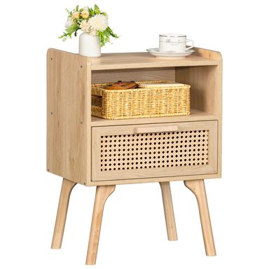 Lerliuo Rattan Nightstand, Boho Side Table with Drawer Open Shelf, Cane Accent Bedside End Table with Solid Wood Legs for Bedroom, Dorm and Small Spaces (Natural) Natural 1 pack