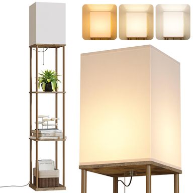 SUNMORY Floor Lamp with Shelves, Modern Square Shelf Lamps, Display Shelf Standing Lamp with 3 Color Temperature Bulb, Corner Bookshelf Lamps for Living Room and Bedroom Office, Home Decor Withered-leaf Color