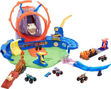 Hot Wheels Monster Trucks T-Rex Volcano Playset with 1:64 Scale Race Ace Toy Truck & 1 Toy Car, Track Set with Dinosaur Nemesis Single