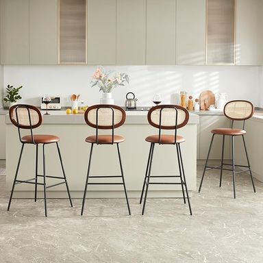 Amazon.com: Bar Stools High Chair Bar Stools Set of 4, Modern Industrial Faux Leather Dining Chairs Barstools for Coffee Tall Mid Century Bar Stools with Back Barstools Rattan Counter Stool Boho Chairs Brown,30" : Home & Kitchen