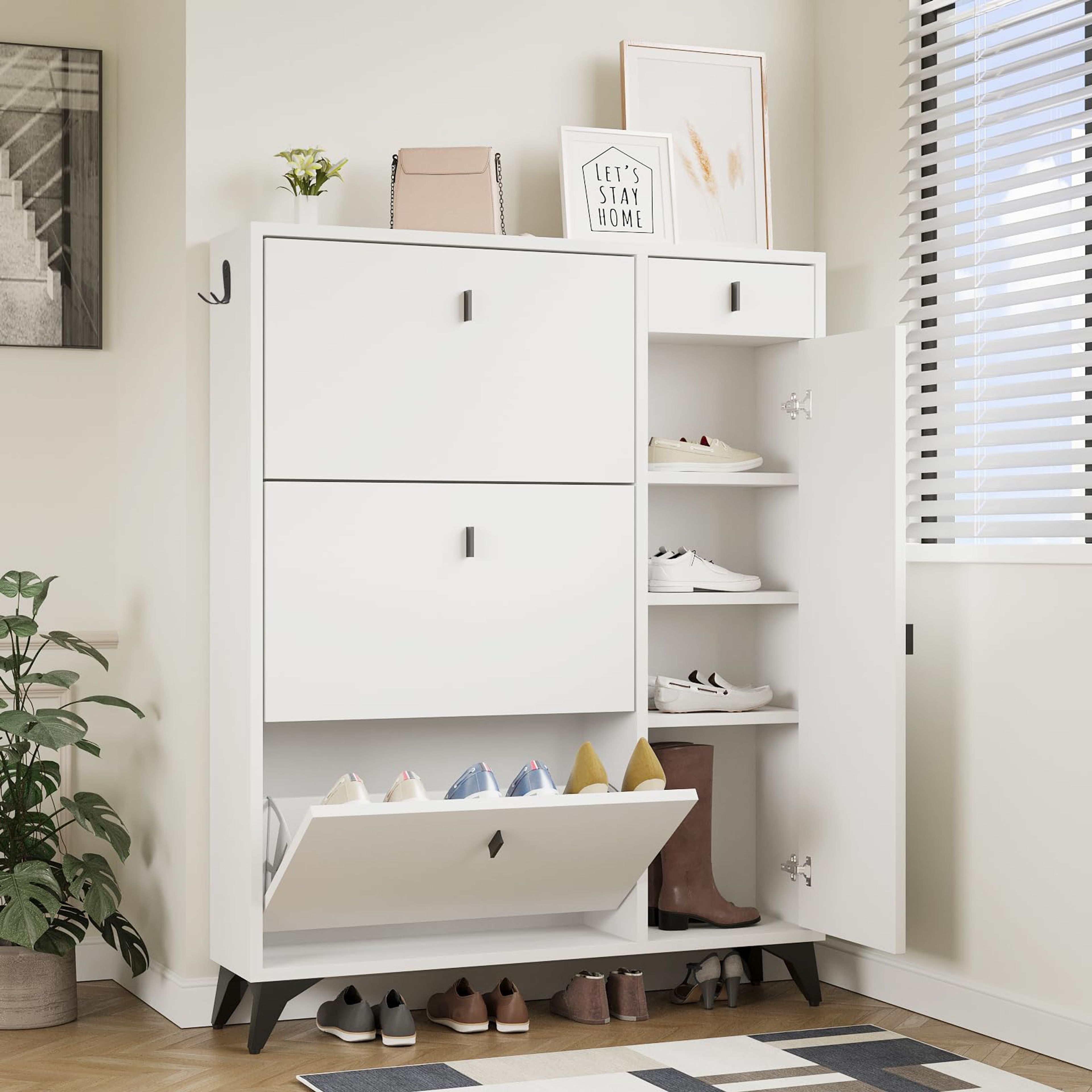 ARTETHYS White Shoe Cabinet Organizer with Doors & 3 Drawers - Holds 22 Pairs