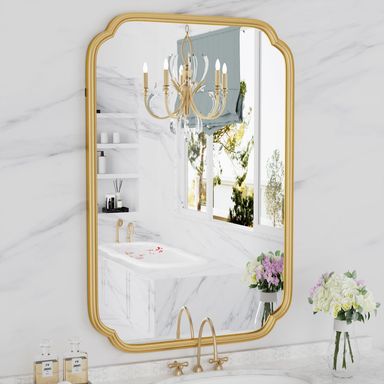 Gold Bathroom Mirror for Wall 20" x 30" Modern Rounded Corner Rectangle Mirror with Non-Rusting Iron Metal Framed Bathroom Vanity Mirror for Over Sink Wall Decor(Horizontal/Vertical) Gold 30"L x 20"W