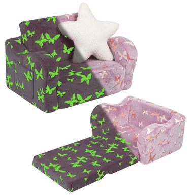 Butterfly Glow in The Dark Toddler Couch, 2-in-1 Toddler Soft Couch Fold Out with Star Pillow, Convertible Sofa to Lounger for Girls and Boys, 1-Seat
