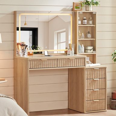 LEYAOYAO Vanity Desk with Mirror and Lights, 43.5'' Fluted Makeup Vanity with 6 Drawers and Adjustable Shelves, Natural Wood Make Up Vanity Dressing Table with Glass Top and Power Outlet for Bedroom