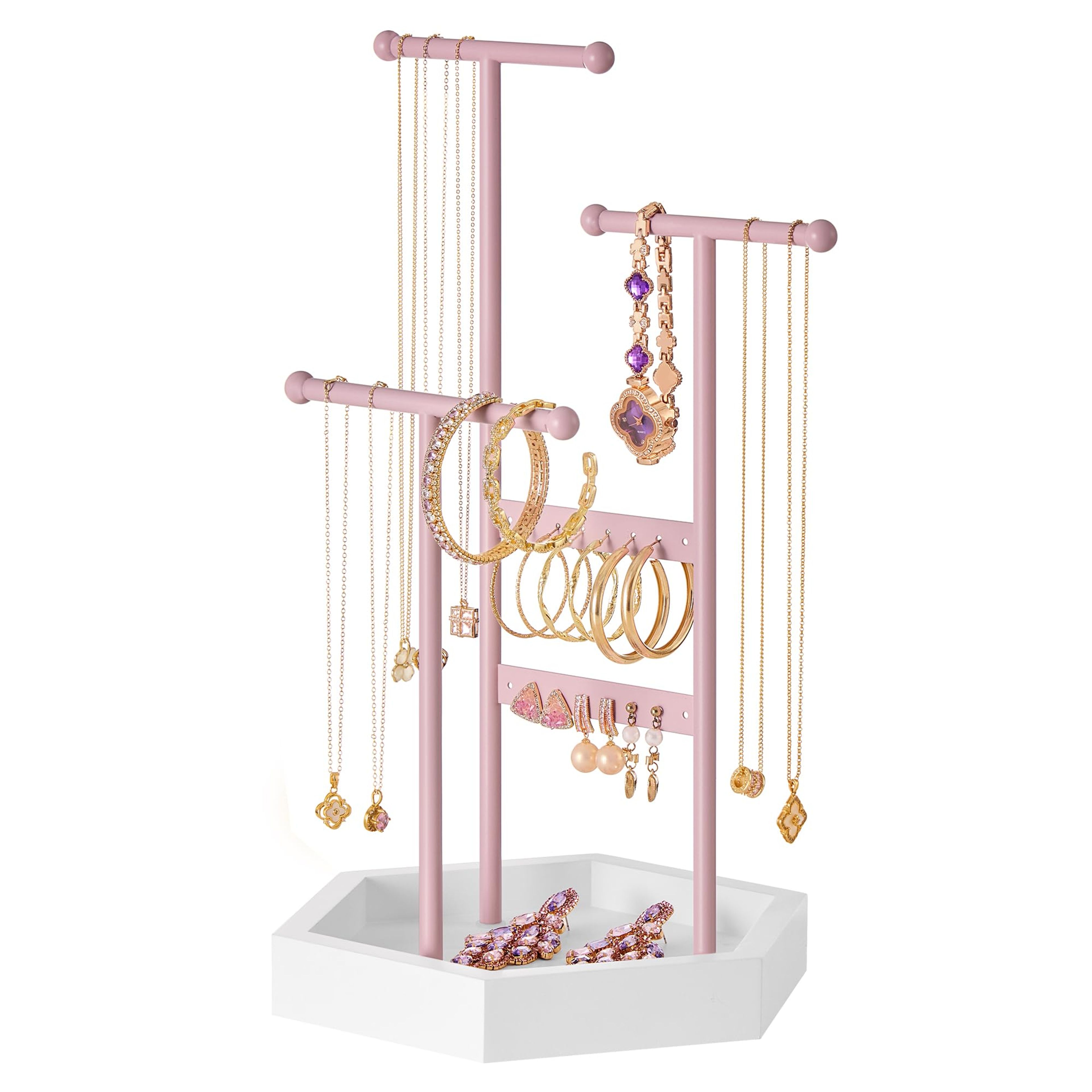SONGMICS 3-Tier Jewelry Organizer Stand Pink White - Earring Necklace Holder