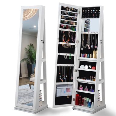 360° Swivel Jewelry Armoire with Full-Length Mirror, Lockable Standing Jewelry Cabinet Organizer w/Inside Makeup Mirror, Back Storage Shelves for Bedroom, Cloakroom, Living Room (Antique White)