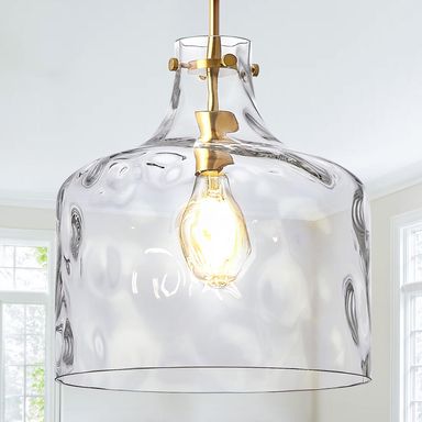 16" Extra Large Farmhouse Pendant Light – Hand-Blown Hammered Glass Shade, Gold Finish, Adjustable Chain Ceiling Light for Kitchen Island, Dining Room, Hallway Gold Chain