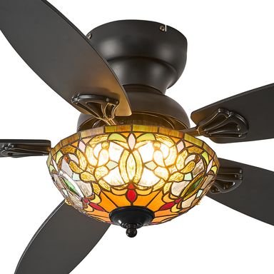 Tiffany Ceiling Fans with Lights - 48" Ceiling Fan Chandelier with 5 Dual-Blades and Glass Shade, 6 Speeds and Reversible, Indoor and Outdoor, Retro Style Tiffany-5