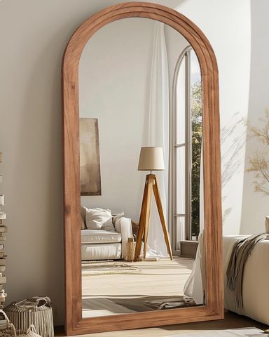 Full Length Mirror, 76"×34" Wooden Mirror Full Length with Stand Wood Floor Mirror, Oversized Stand Up Mirrors Large Wall Mirrors, Wall Mounted Mirrors, Arched Vintage Style, Browm