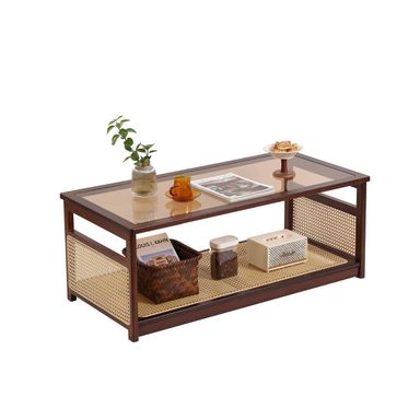 Welnow Rattan Coffee Tables for Living Room, Modern 2-Tier Coffee Table, Mid Century Rectangle Coffee Table with Storage Shelf & Glass Top, Large Boho Center Table for Apartment, Walnut Walnut Rectangular