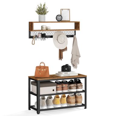 VASAGLE Coat Rack Shoe Bench Set, Hall Tree with Bench, Entryway Furniture, Multifunctional, Dot Coat Hooks, 2-Tier Shoe Rack, Industrial Style, for Entryway, Hallway, Rustic Brown ULCR073K01