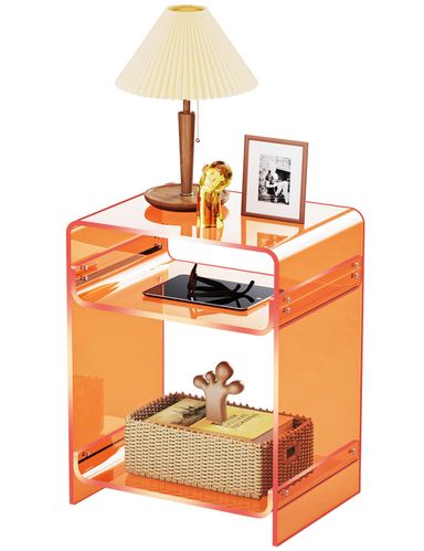 Acrylic End Table Record Player Table with Storage Shelf Clear Side Table Nightstand, Orange