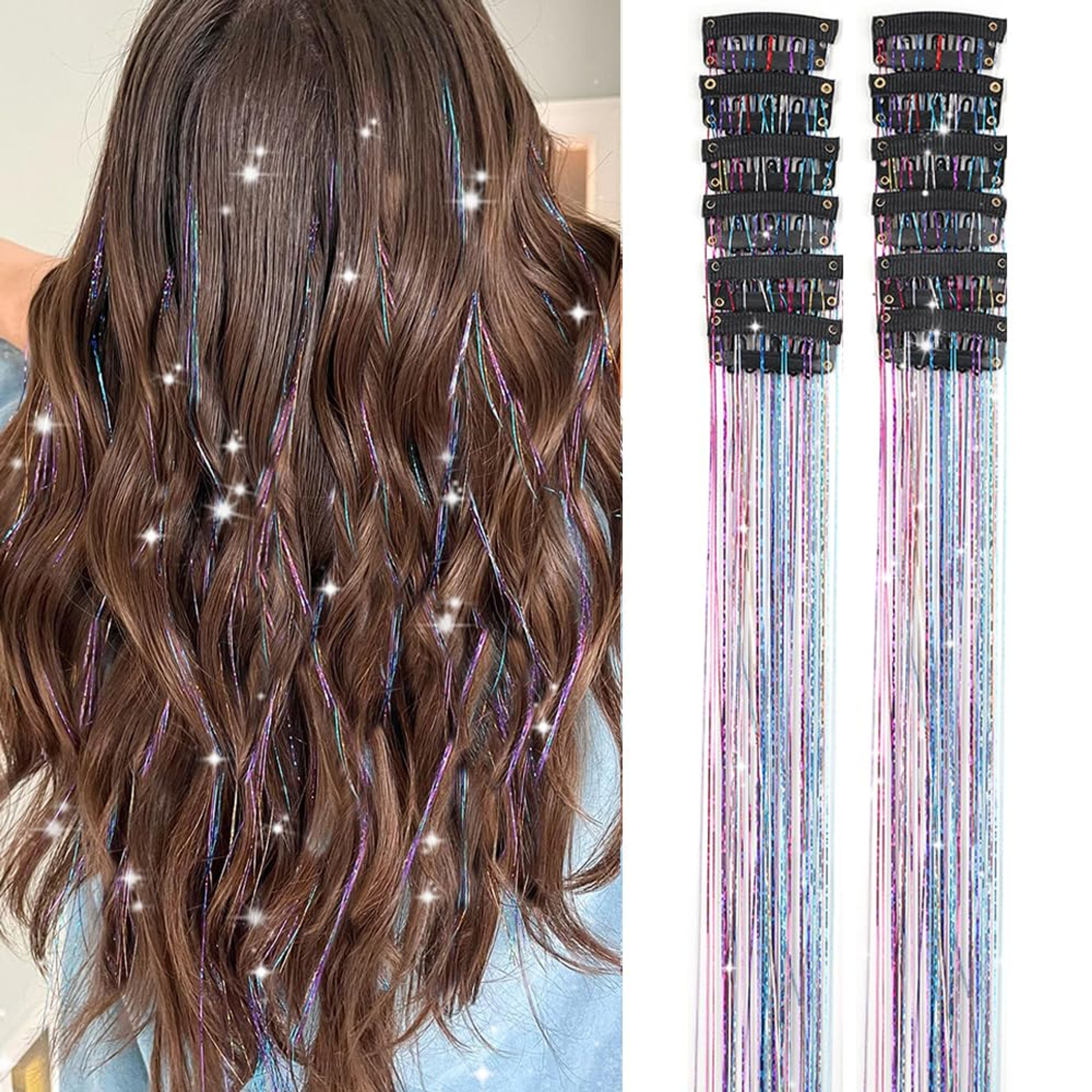 12 Pack Colorful 20" Clip-In Hair Tinsel Glitter Extensions