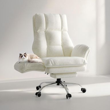 Big and Tall Office Chair, Flip Armrests for Pets & Cross Legged Sitting, Executive Ergonomic Computer Gaming Chair with Foot Rest, Teddy Fleece Wide Seat Reclining Desk Chair White