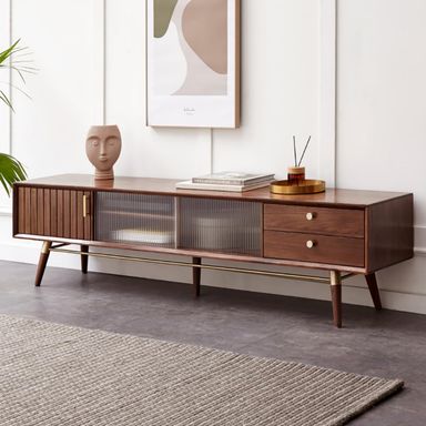 86.6" L Solid Walnut Wood TV Stand for 60-85’‘ TV, Glass Sliding Door TV Console Media Entertainment Center Console Table with Drawers, Mid Century TV Console Table for Bedroom Living Room Black Walnut Wood 86"L