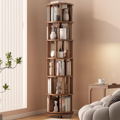 Solid Wood Rotating Bookshelf on Wheels, 6 Tier, Round Revolving Bookcase, 360° Spinning Book Shelf Tower for Kids, Narrow Rolling Bookshelves for Small Space, Corner, Bedroom, Office, Walnut 6 Tier Walnut