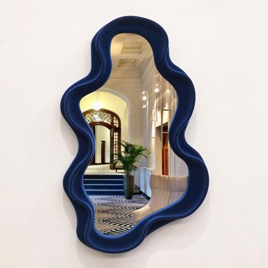 Irregular Wall Mirror Living Room Decor, Decorative Wavy Funky Mirrors with Flocking Touch, Modern Asymmetrical Mirror for Hallway Entryway Staircase Bathroom Bedroom (Dark Blue)