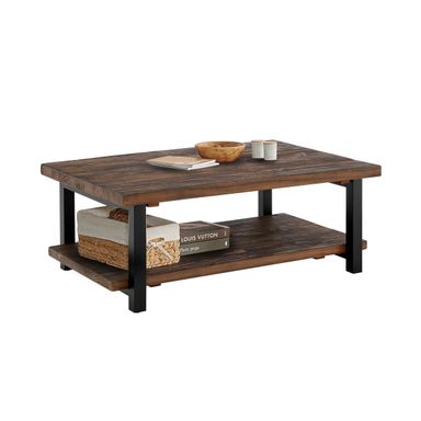 Pomona Rustic Industrial 2-Tier Rectangular Coffee Table – 48” Solid Wood Top with Shelf, Metal Legs, and Reclaimed Finish – Farmhouse Style Living Room Furniture Rustic Natural 48-Inch