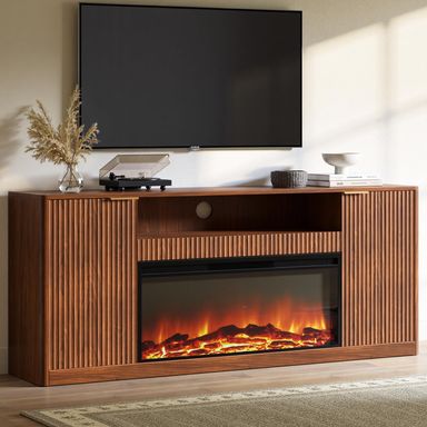 Evermagin 67" Walnut Fluted Fireplace TV Stand for TVs up tp 75", Mid-Century Modern Entertainment Center with Storage Cabinets and Doors, Wood Media TV Consoles for Living Room and Bedroom Furniture Walnut 67" TV Stand with Electric Fireplace