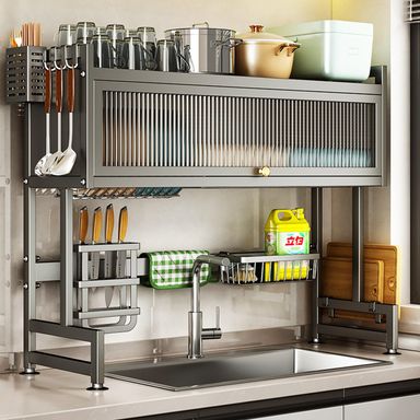 Over the Sink Dish Drainer Drying Rack 3 Tier Over Sink Dish rack for a Tidy Kitchen Sink Shelf Organized Space-Saving Dish Rack with Cover for Dishes, Glasses, Bowls, and Cutlery Matte gray