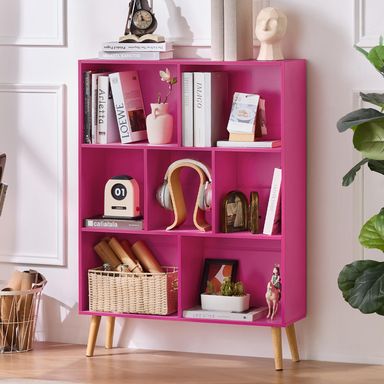 LEYAOYAO 7 Cube Bookshelf,3 Tier Book Shelf with Legs,Pink Modern Bookshelf,Large Freestanding Open Toy Modern Bookshelves,Display Bookcases Decor Furniture for Nursery 7 Cube with Legs Pink