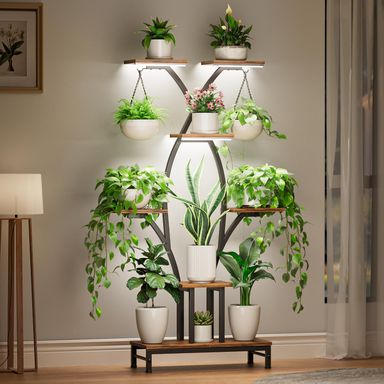 Plant Stand Indoor with Grow Lights - 7 Tiered Metal Corner Shelf for Multiple Plants, 63" Corner Plant Stand for Indoor Plants, X-Shaped Plant Rack for Home, Living Room, Office & Patio Decor Brown Shelf