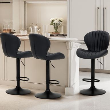 Bar Stools Set of 3, Adjustable Faux Leather Counter Height Barstools with Footrest, Swivel Bar Chairs 24-32inch for Bar, Kitchen Island, Dining Room,Black Black Set of 3