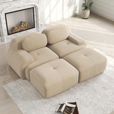 Canapé 2 Places en Velours côtelé, modulable combinable avec Chaise Longue, antidérapant, accoudoirs ergonomiques et revêtement hautement élastique pour Salon et Chambre,Beige Beige-2 Places Chaise Longue