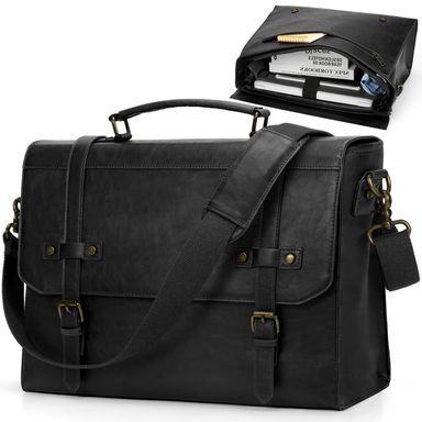RAINSMORE Sacoche Ordinateur Homme 17.3 Pouces Cuir PU Mallette PC Tablette Cartable Imperméable Sac à Bandoulière pour Travail Affaires Collège Cours Noir