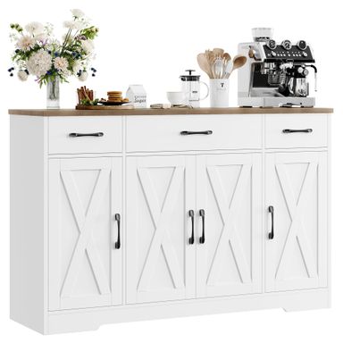 HOSTACK Buffet Cabinet with Drawers, 55" Large Sideboard Buffet Storage Cabinet with Shelves and Doors, Modern Farmhouse Coffee Bar Station Wood Kitchen Table for Kitchen, Dining Room, White/Rustic