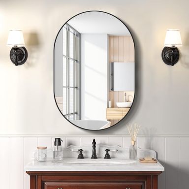 SDHYL Oval Medicion Mirror Cabinets, 34"x20" Recessed Wall Mounted Mirror Cabinets, Modern Elegant Decoration Mirror with Adjustable Storage for Bathroom Living Room Vanity, Black Black 34x20 inch