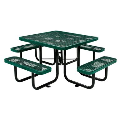 Global Industrial 46" Square Picnic Table, Expanded Metal, Green Thermoplastic Coating, Attached Benches, 1-1/2” Umbrella Pole Hole, Outdoor-Rated, 1000 lb Capacity