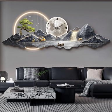 3D Wall Art Clock Decor with LED Light,Plug-in Power Illuminated Mountain Landscape Wall Decorative,Fake Tree Moon,Acrylic Crystal Porcelain Craft for Living Room(C,35 * 100CM/13.8 * 39.7IN) 35*100CM/13.8*39.7IN C
