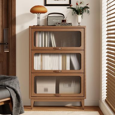 Solid Wood Bookcase with Glass Doors, 3 Shelf Bookshelves and Bookcases, Mid Century Modern Bookshelf with Glass Doors, Kitchen Pantry Cabinet (Walnut, 31.5" W) 31.5" Walnut