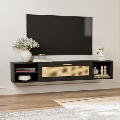 IKIFLY Floating TV Stand for 75 Inch TV, Mid Century Modern Center TV Stand w/Rattan Cabinet Door, Wall Mounted TV Cabinet, Entertainment Media Console Large Storage TV Shelfs for Living Room Black