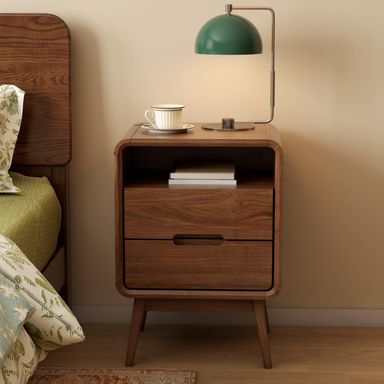 Walnut Nightstand Solid Wood Night Stand, Dark Wood Nightstands with 2 Drawers and Open Shelf, Mid Century Modern Nightstand, Wooden End Table, Walnut Bedside Table for Bedroom(23.23" H) Walnut-Two Drawers-1