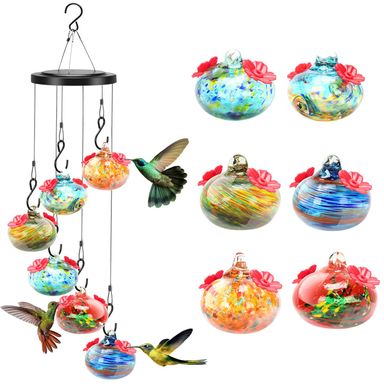 Hummingbird Feeder, Wind Chimes Hummingbird Feeder with 6 Glass Balls for Outdoors, Leak-Proof, Ant and Bee Resistant, Hand Blown Garden Decor, Multicolor