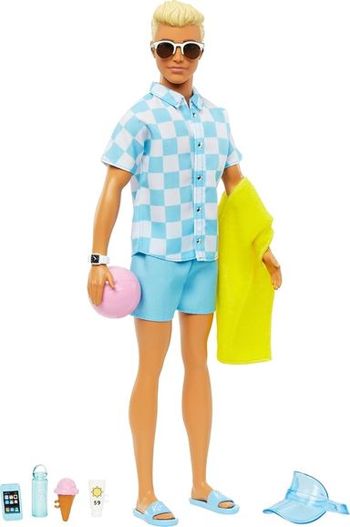 Amazon.com: Barbie - Blonde Ken Doll with Blue Button Down and Swim Trunks, Visor, Towel and Beach-Themed Accessories, HPL74 : Toys & Games