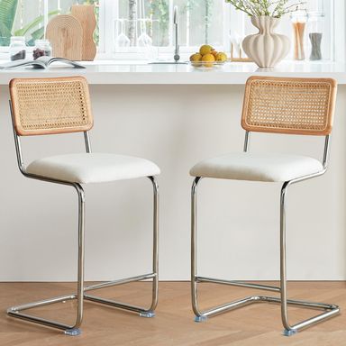 Natural Rattan Counter Height Stools Set of 2 with Solid Wood Back, 24 Inch Mid Century Modern Cesca Bar Stools, White Upholstery Boho Stool for Kitchen Counter with Chrome Metal Legs White 2PCS-24'' Counter Height Stool