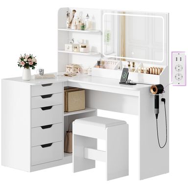 Grote Kaptafel met Spiegel en Verlichting, hoek-kaptafel met ledverlichting, verstelbare helderheid en kruk, make-uptafel met 5 laden, stopcontact, haardrogerhouder,modern(Wit)