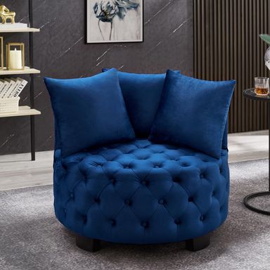 24KF Contemporary Upholstered Tufted Leisure Chair Accent Chair, Sofa Lounge Club Round Chair for Living Room Hotel with 3 Pillows 7022-Navy Round Accent chair Navy Round Accent Chair