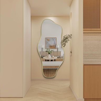Irregular Mirror Full Length, 67"x31" Large Asymmetrical Tempered Glass Mirror for Dressing, Gold Modern Abstract Frameless Wall Mirrors for Living Room Bathroom Bedroom Hallway Entryway Gold 67"L x 31"W