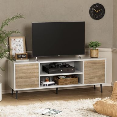 YESHOMY Modern TV Stand for 65" Television, Entertainment Center with Two Storage Cabinets, Retro Style Media Console for Living Room, Bedroom, Office, 58 Inch, White and Coffee Modern TV stand White and Coffee