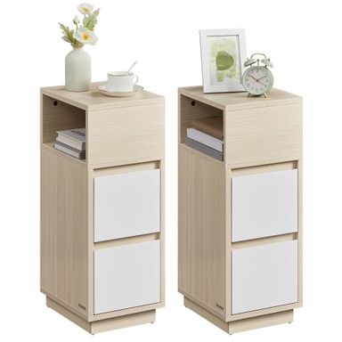 VASAGLE Small Nightstands, Set of 2, Narrow Side End Tables with 2 Drawers, Open Compartment Mounted to Left or Right, for Bedroom, Small Spaces, Living Room, Natural Beige and Cloud White, ULET856N01