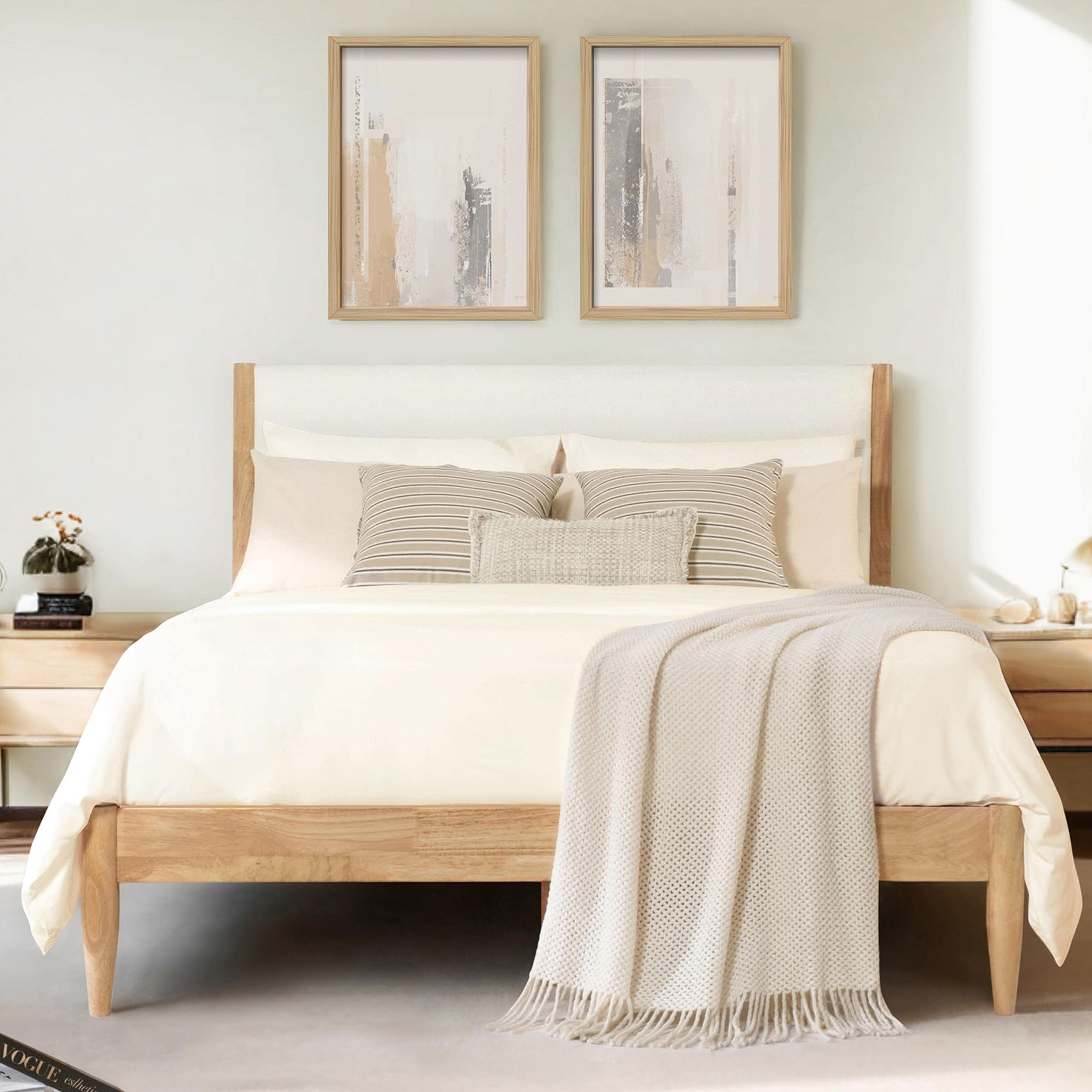 Cream Queen Wood Bed Frame with Upholstered Headboard - No Box Spring