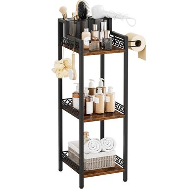3-Tier Bathroom Shelf Organizer with Hair Dryer Holder and Toilet Paper Hook, 9.85" Slim Metal Stand for Small Spaces, Holds 50lbs - Freestanding Storage for Towels, Toiletries Black